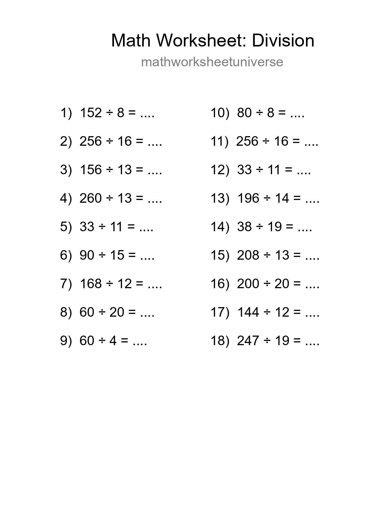 Grade 2 Division Practice Worksheet (18 Problems) - Part 244