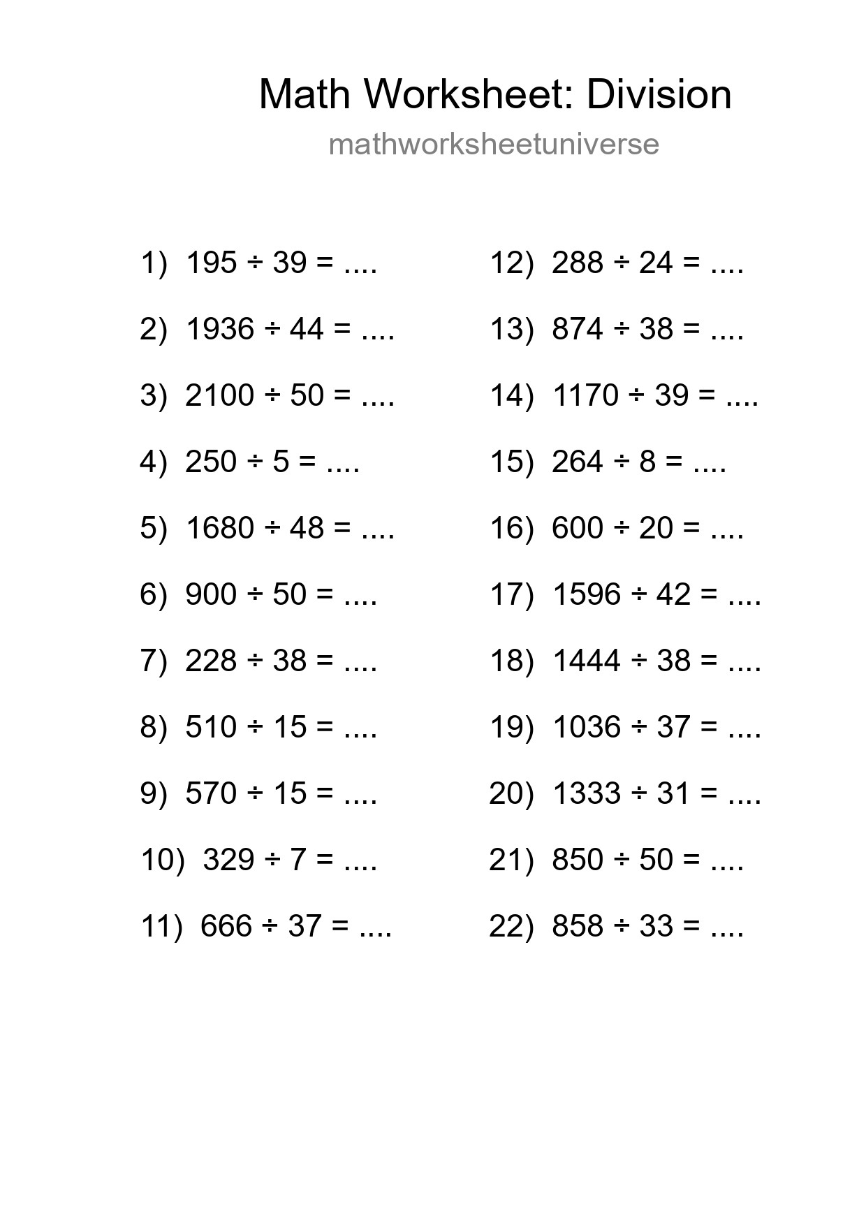 Grade 2 Division Practice Worksheet (22 Problems) - Part 214