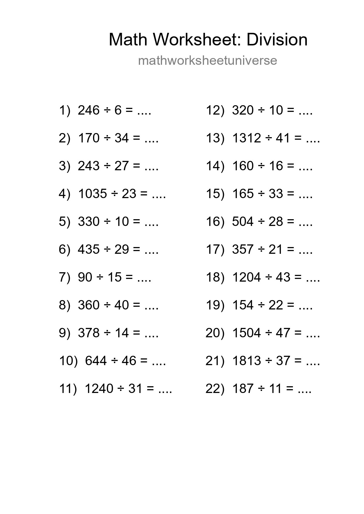 Grade 2 Division Practice Worksheet (22 Problems) - Part 74
