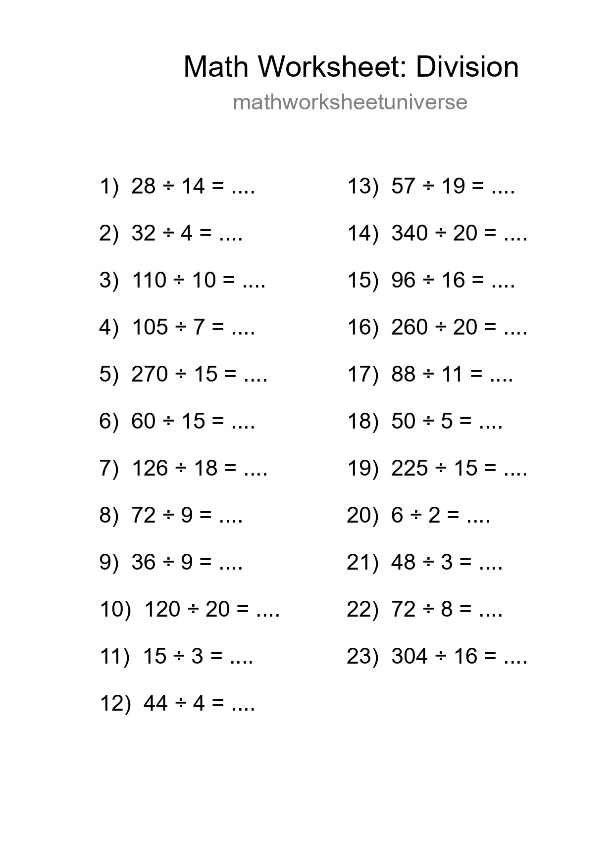 Grade 2 Division Practice Worksheet (23 Problems) - Part 104