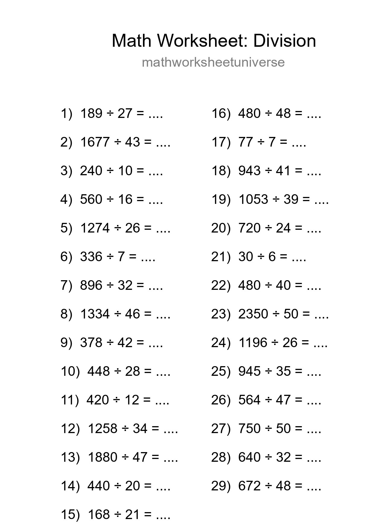 Grade 2 Division Practice Worksheet (29 Problems) - Part 114
