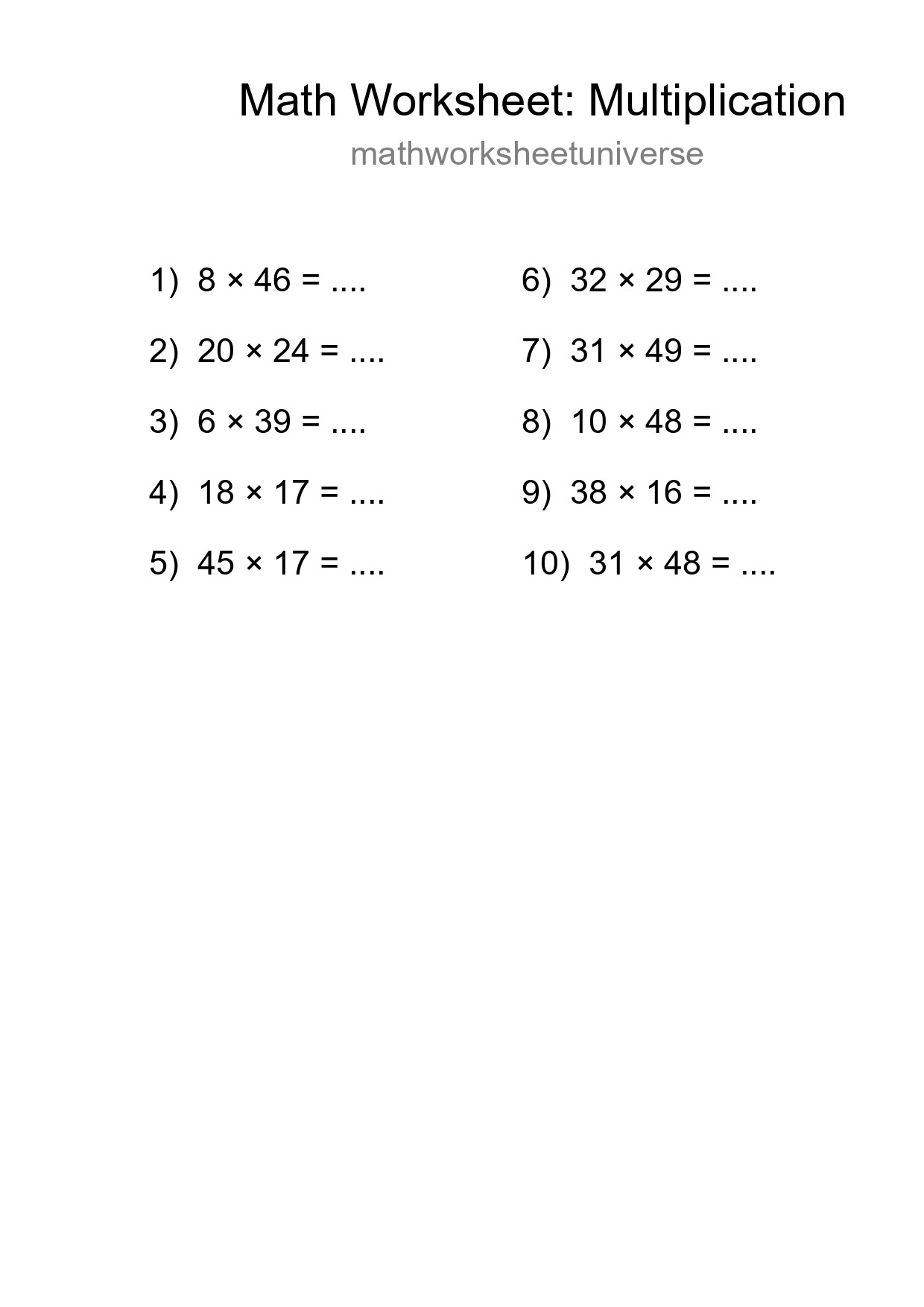 Grade 2 Multiplication Practice Worksheet (10 Problems) - Part 77