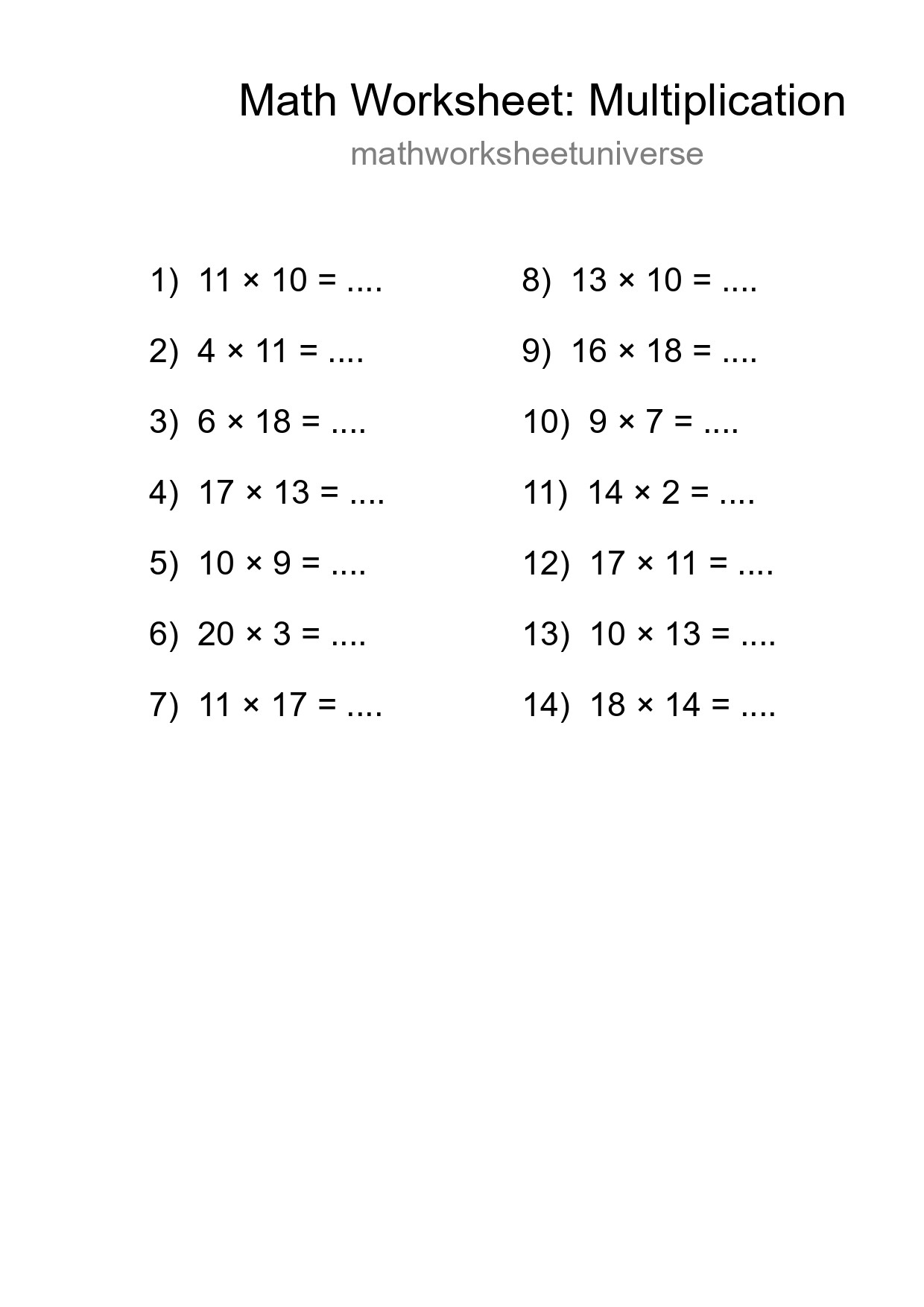 Grade 2 Multiplication Practice Worksheet (14 Problems) - Part 37