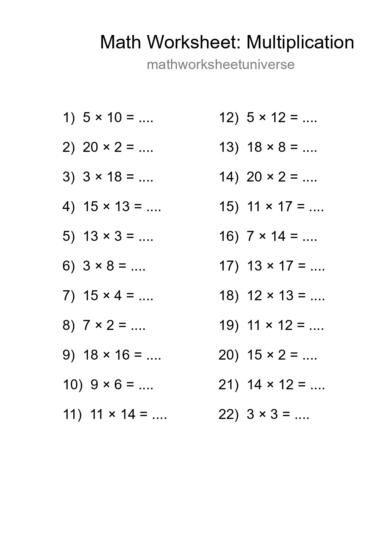 Grade 2 Multiplication Practice Worksheet (22 Problems) - Part 27