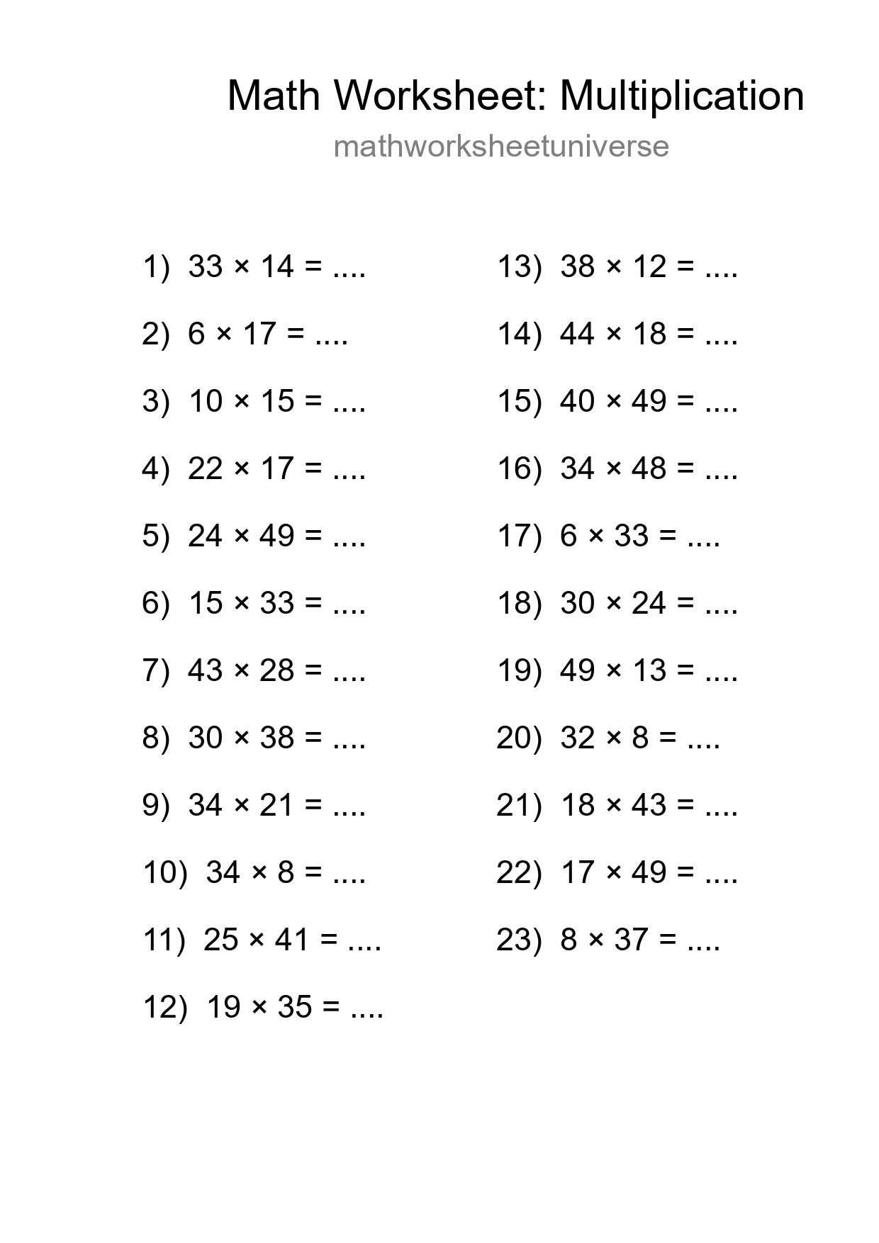 Grade 2 Multiplication Practice Worksheet (23 Problems) - Part 207
