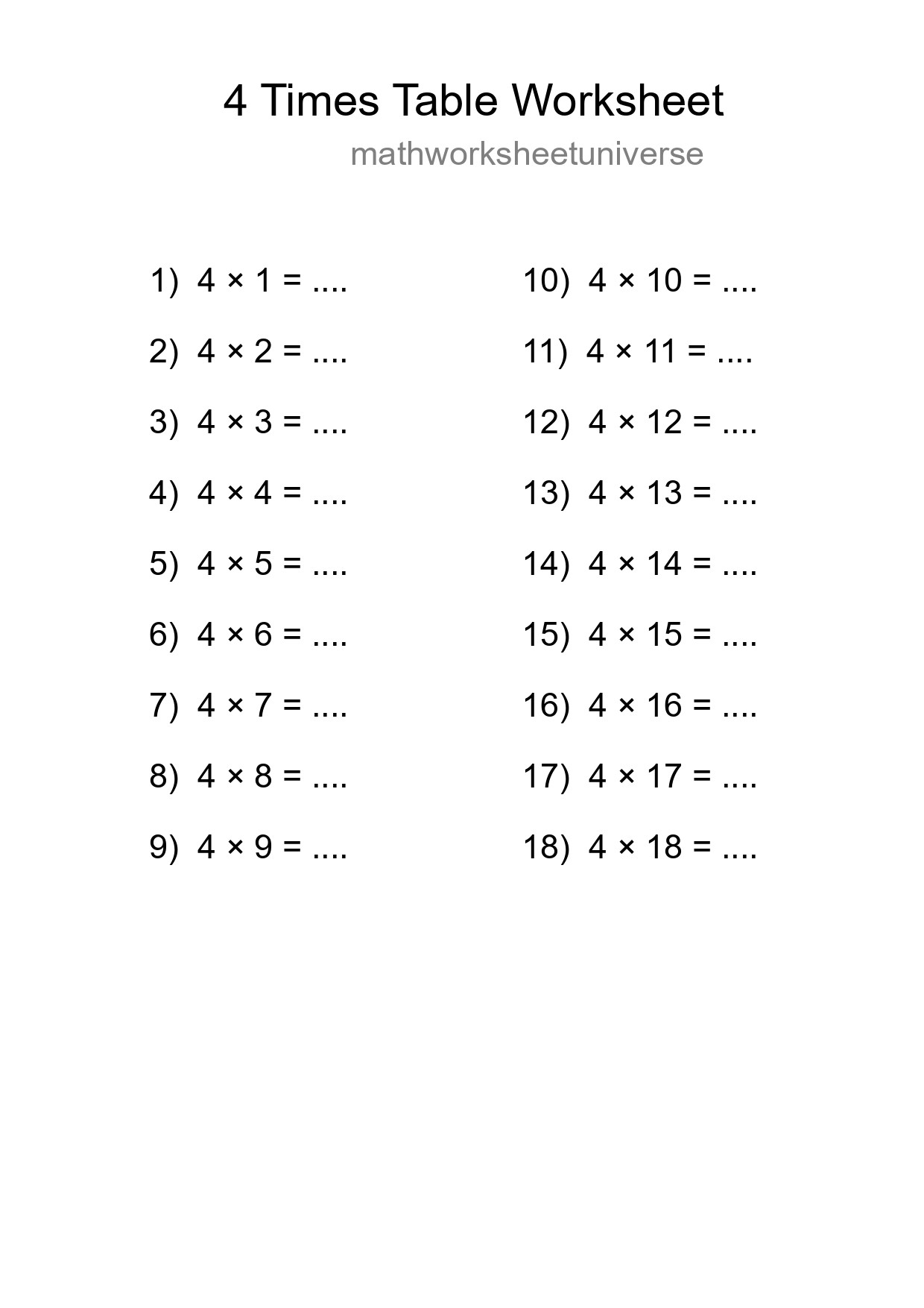 Grade 2 Multiplication Table 4 Practice - Part 89