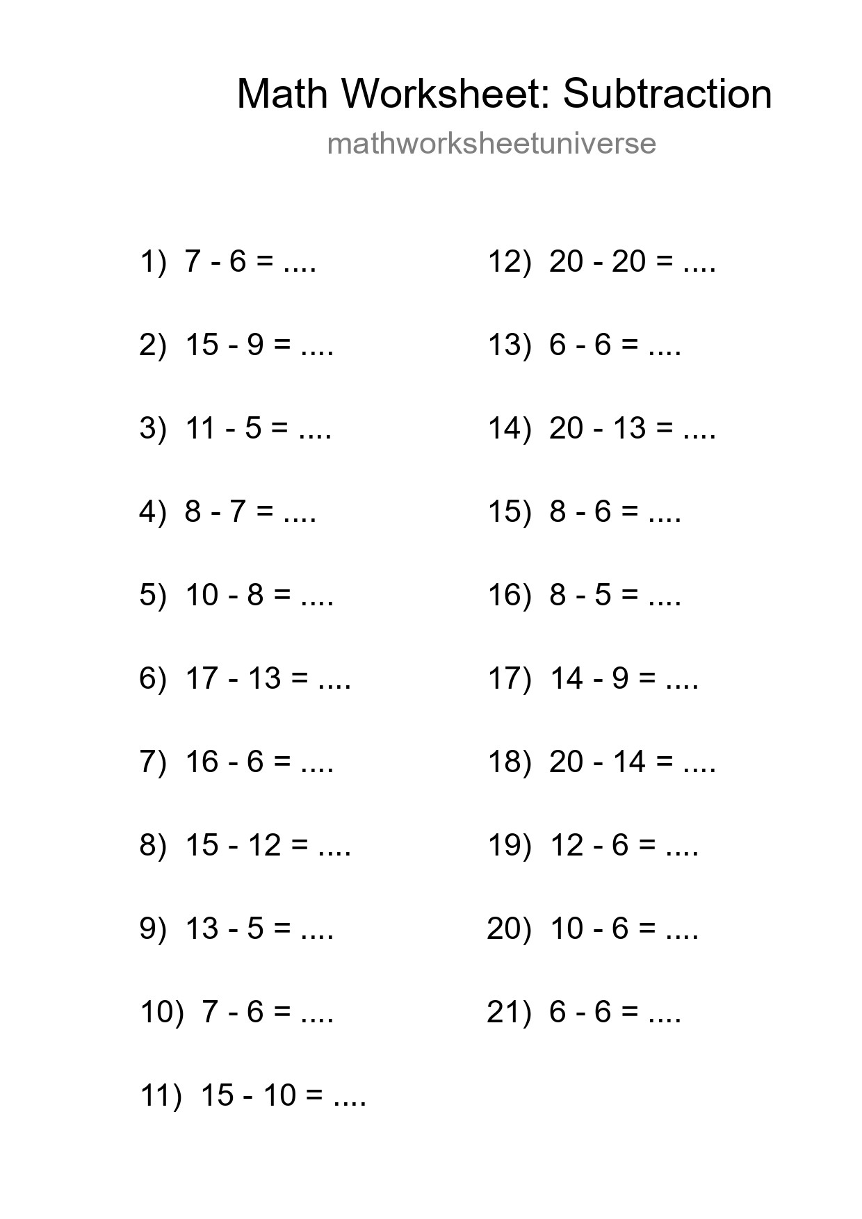 Grade 2 Subtraction Practice Worksheet (21 Problems) - Part 108