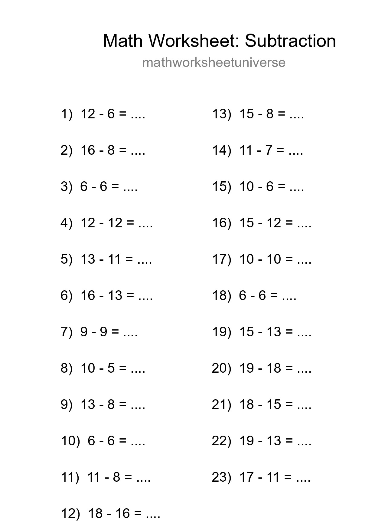 Grade 2 Subtraction Practice Worksheet (23 Problems) - Part 248