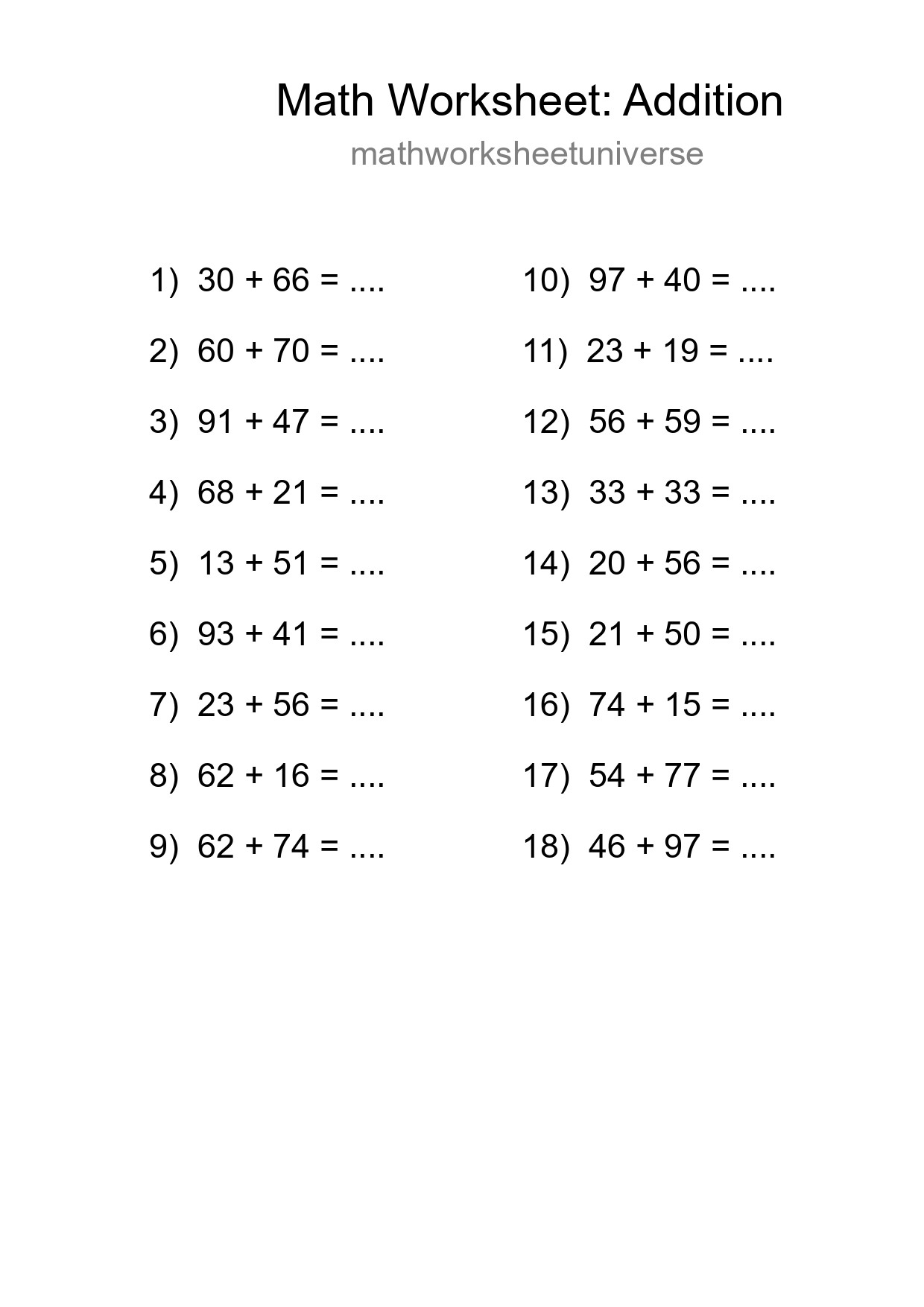 Grade 3 Addition Practice Worksheet (18 Problems) - Part 71