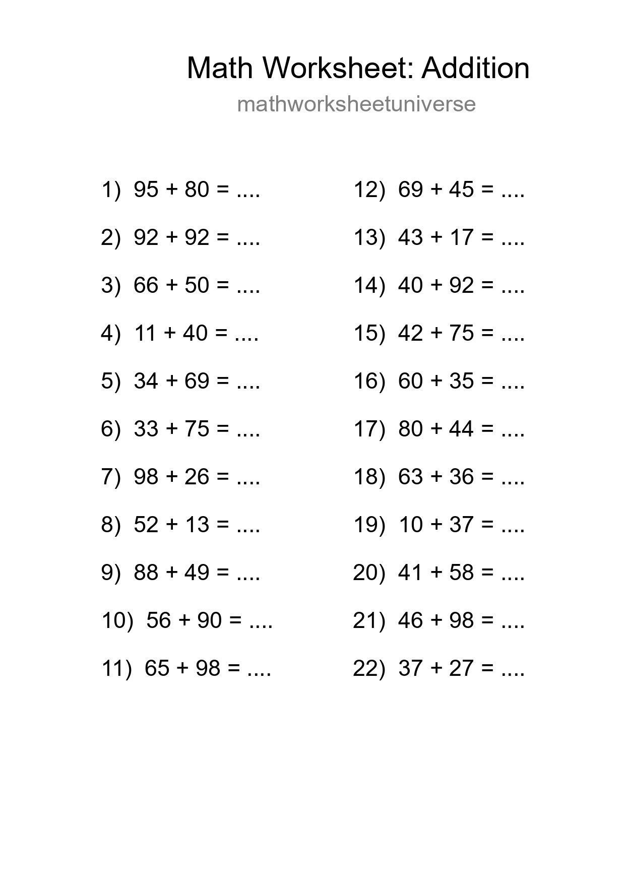 Grade 3 Addition Practice Worksheet (22 Problems) - Part 141