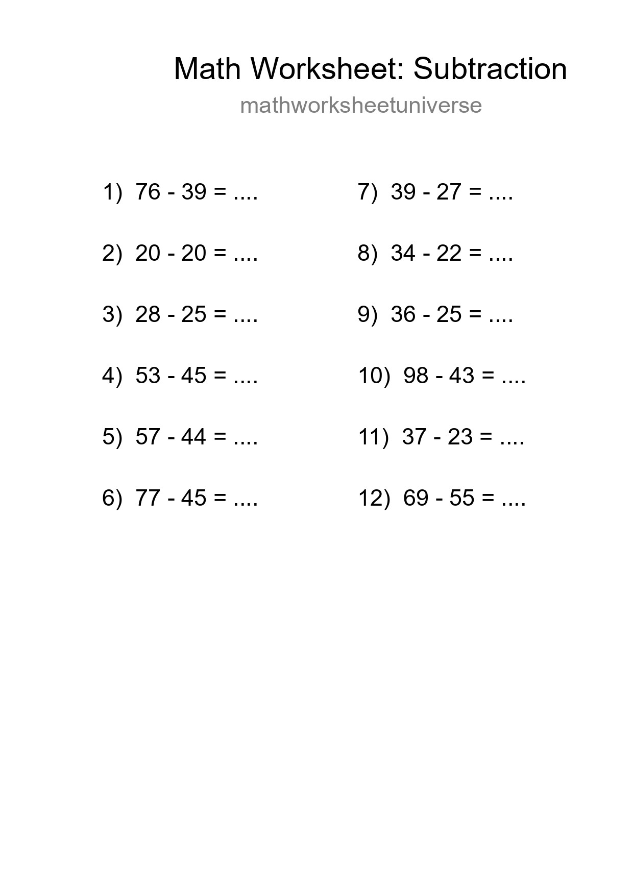 Grade 3 Subtraction Practice Worksheet (12 Problems) - Part 178