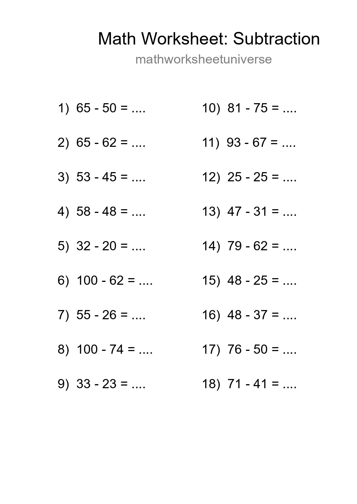 Grade 3 Subtraction Practice Worksheet (18 Problems) - Part 288