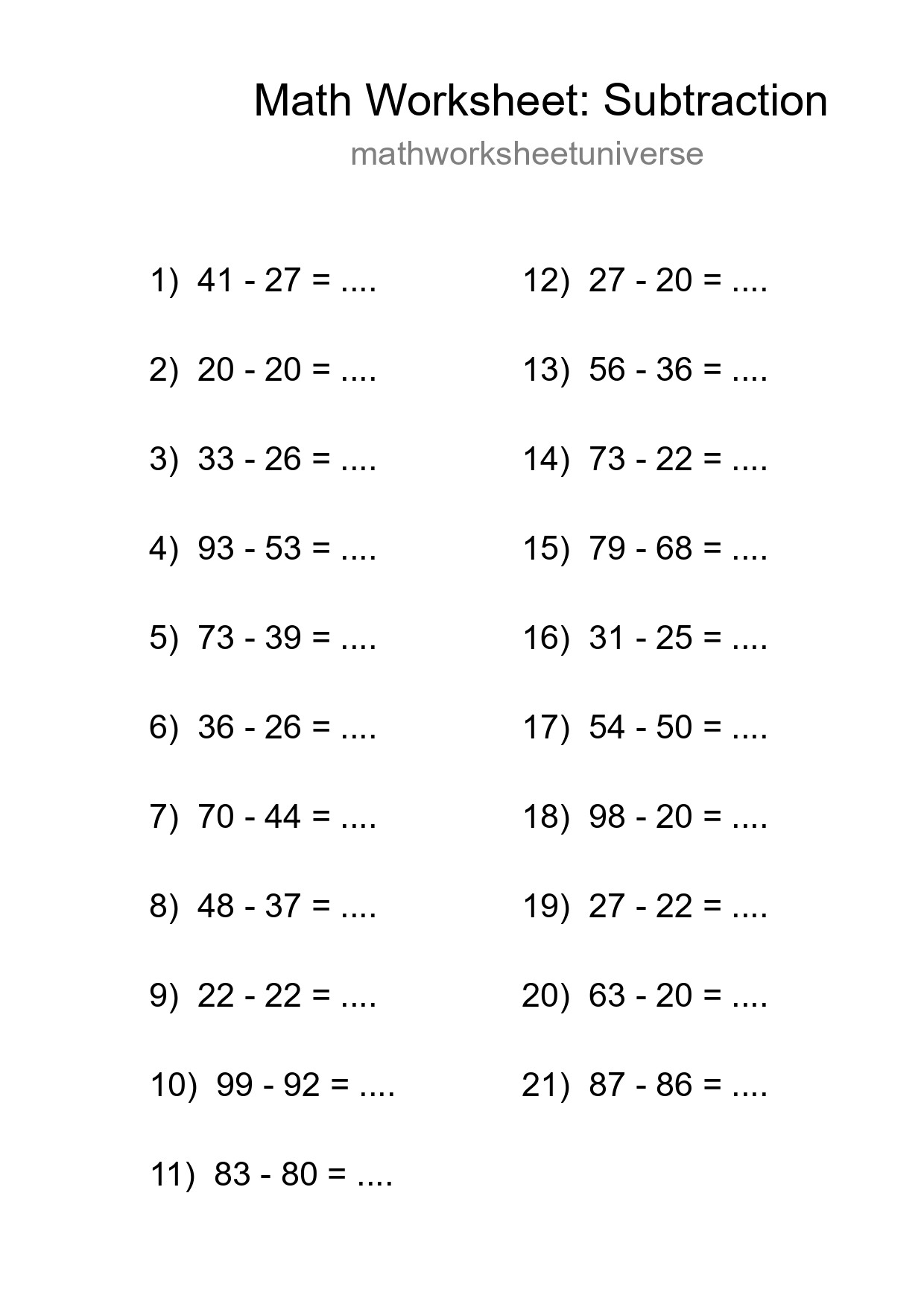 Grade 3 Subtraction Practice Worksheet (21 Problems) - Part 138