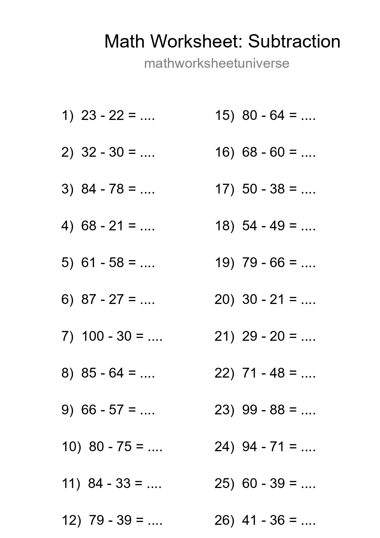 Grade 3 Subtraction Practice Worksheet (27 Problems) - Part 98