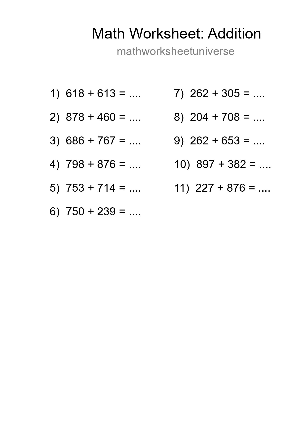 Grade 5 Addition Practice Worksheet (11 Problems) - Part 81