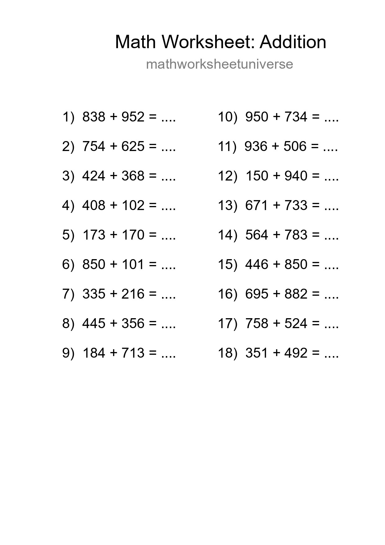 Grade 5 Addition Practice Worksheet (18 Problems)