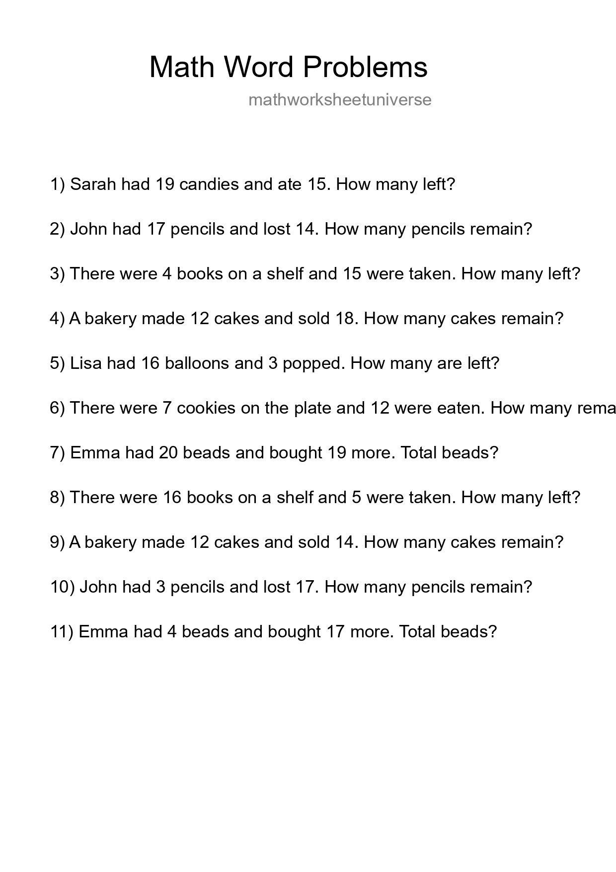 Math Word Problem Worksheet