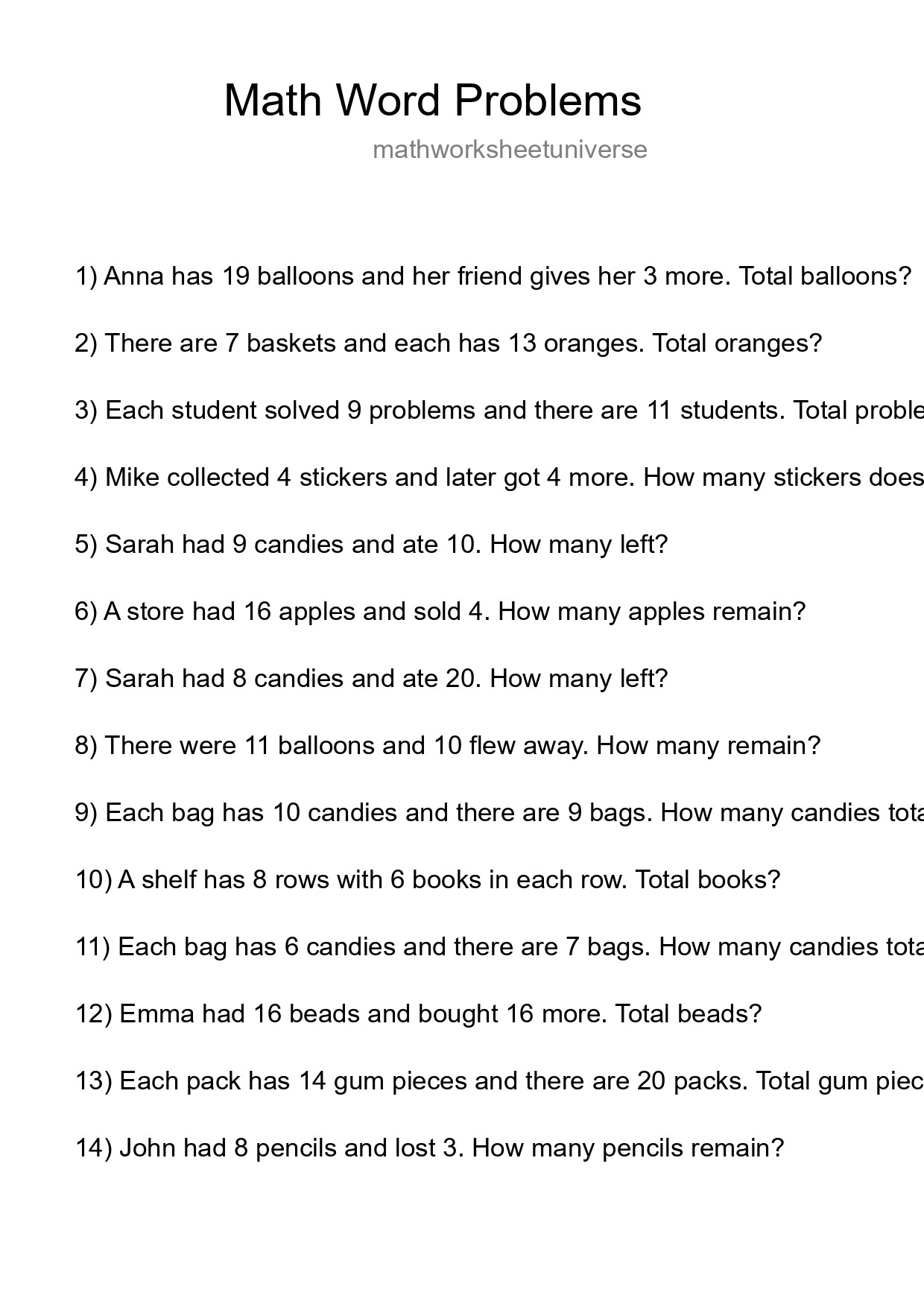 Math Word Problem Worksheet