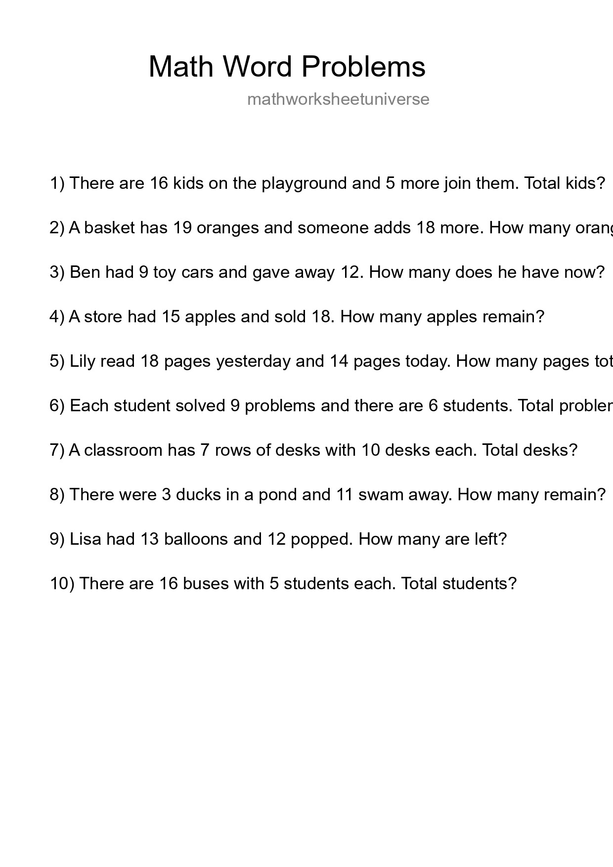 Math Word Problem Worksheet