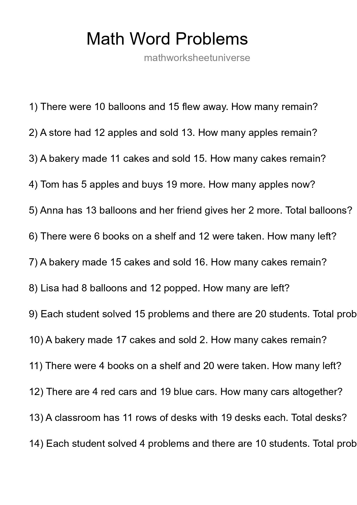 Math Word Problem Worksheet