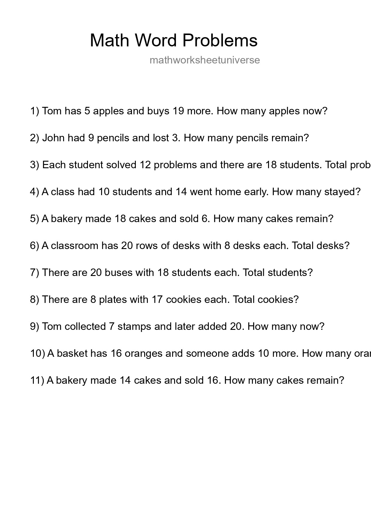 Math Word Problem Worksheet
