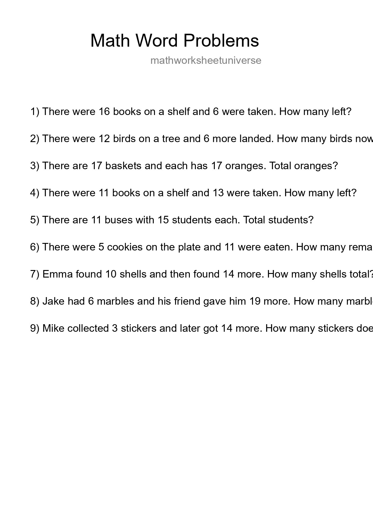 Math Word Problem Worksheet