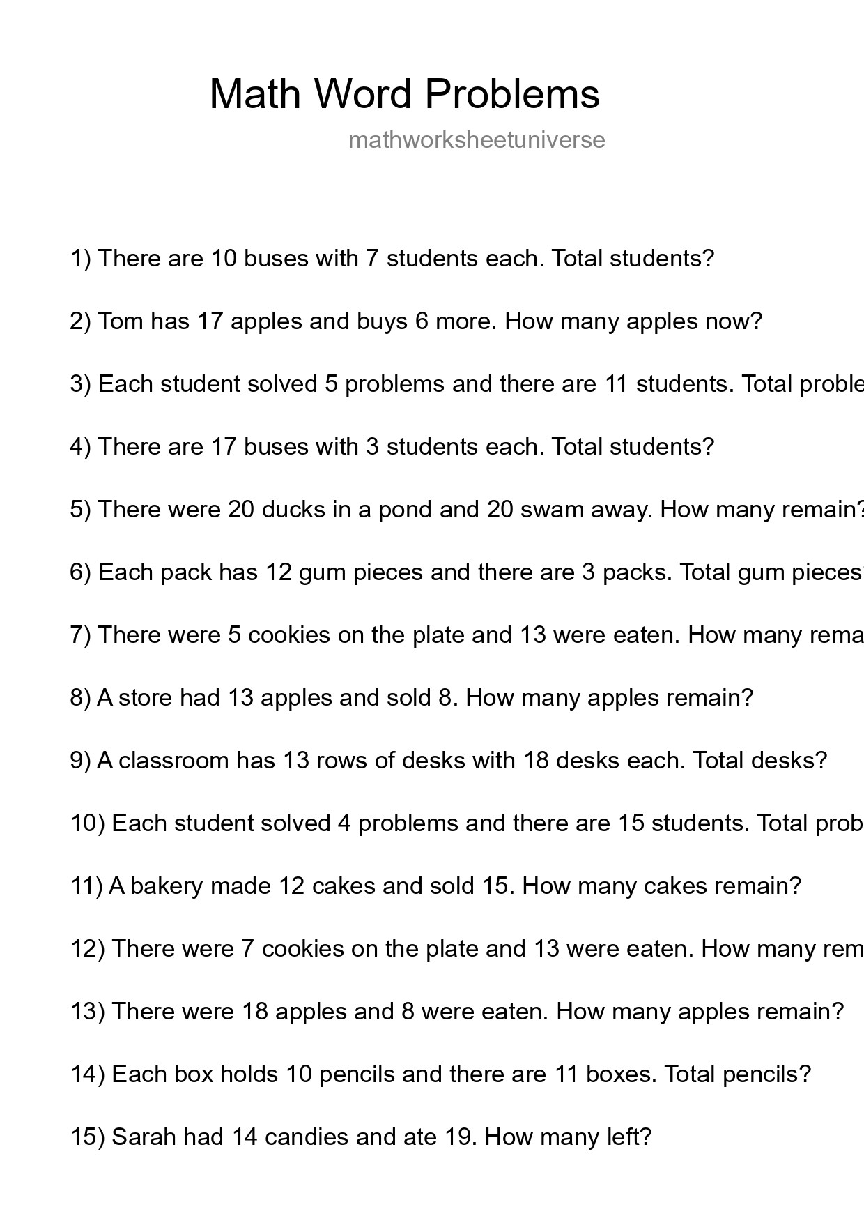 Math Word Problem Worksheet