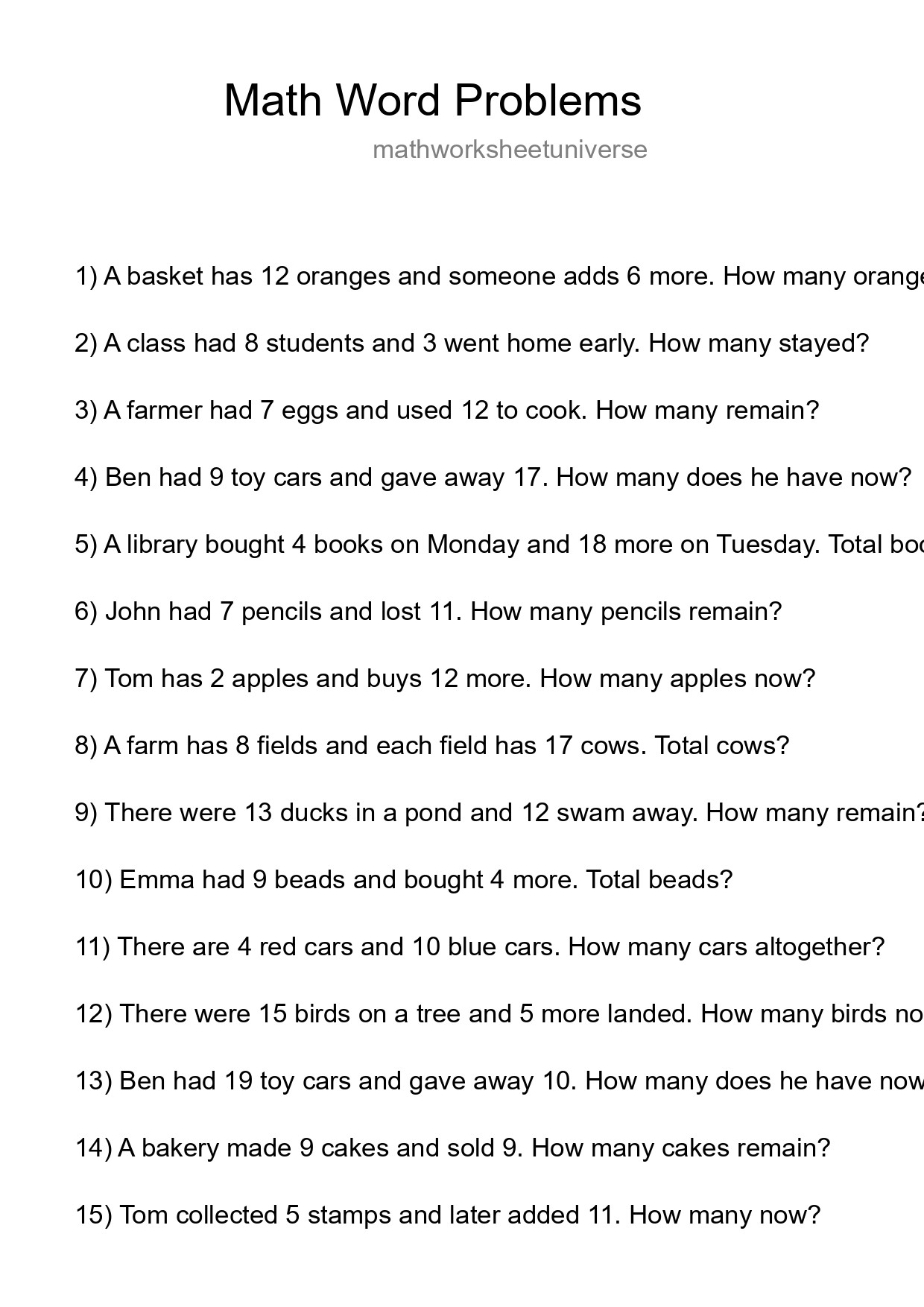 Math Word Problem Worksheet