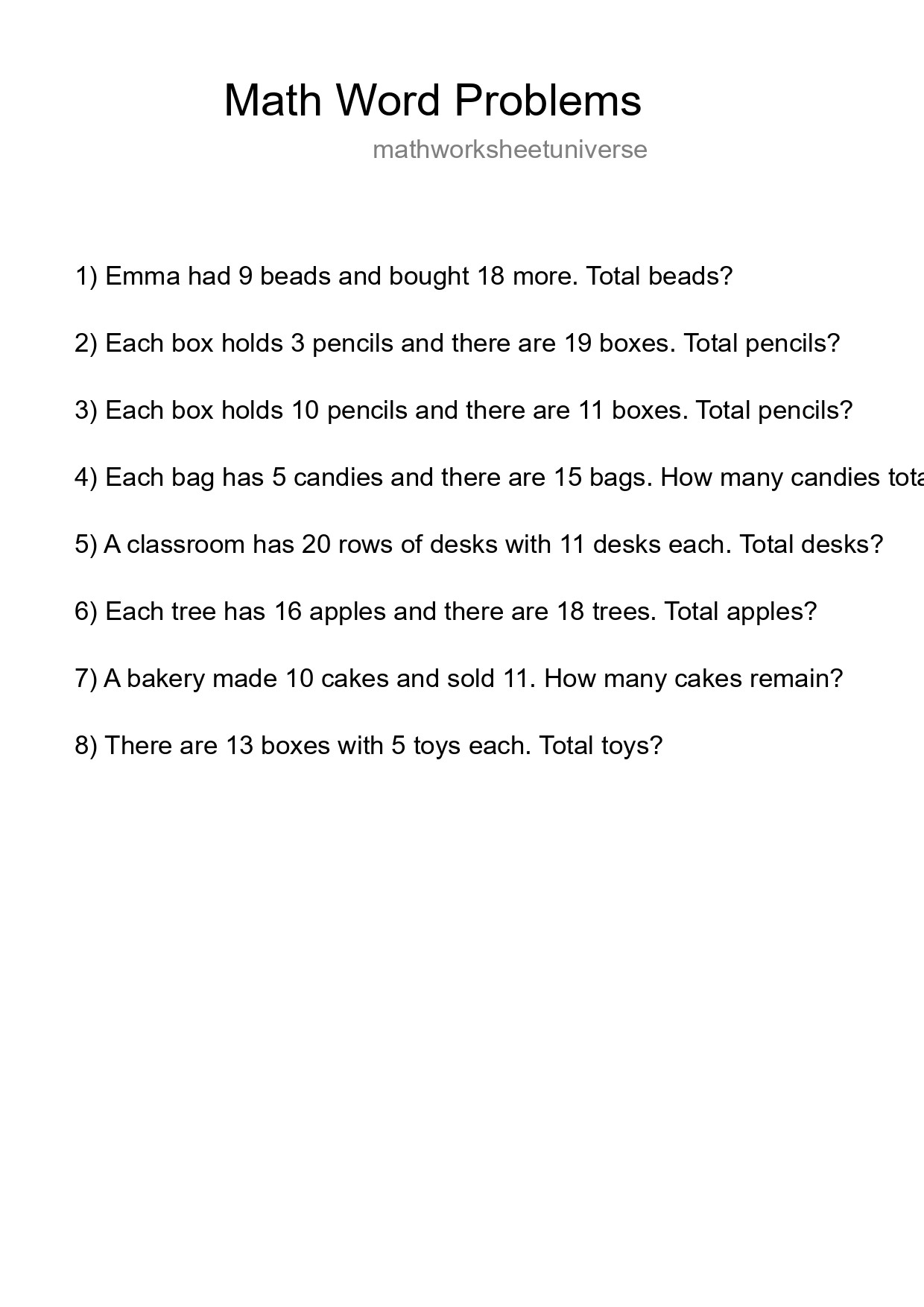 Math Word Problem Worksheet