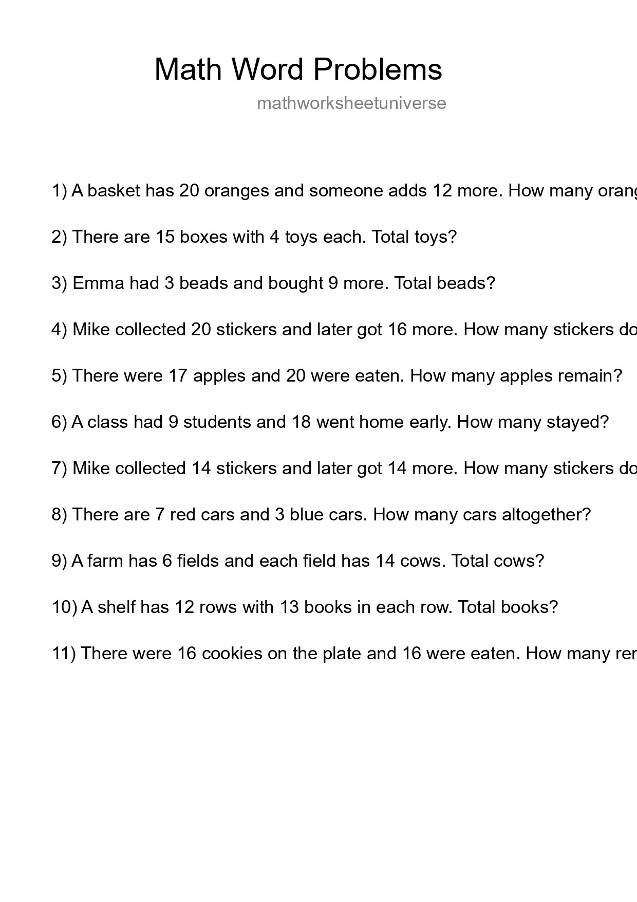 Math Word Problem Worksheet