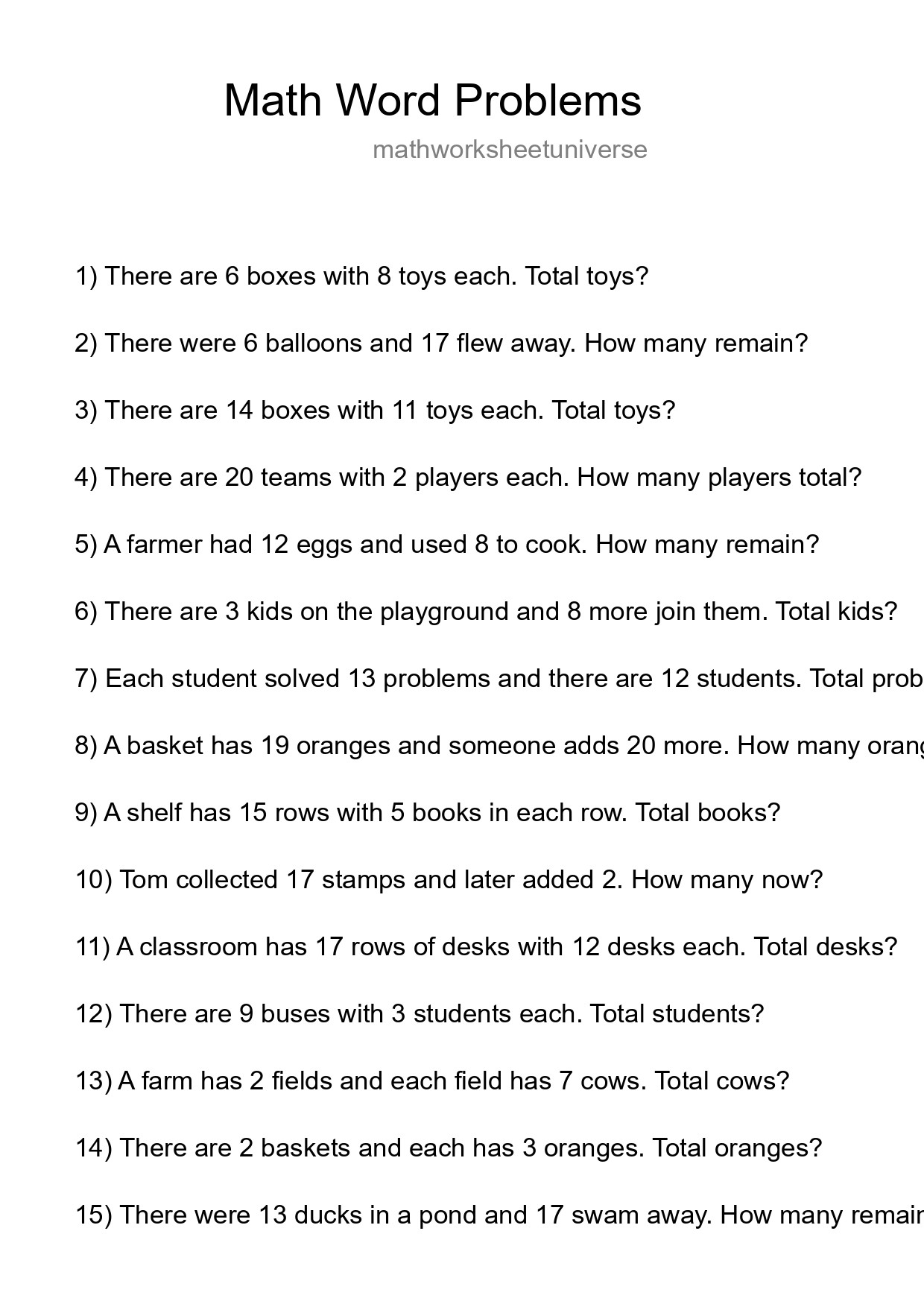 Math Word Problem Worksheet