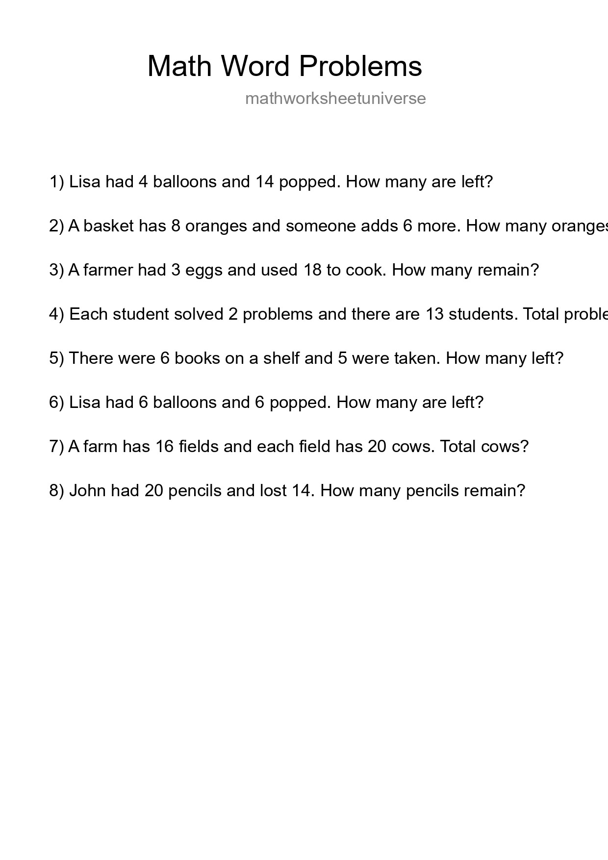 Math Word Problem Worksheet