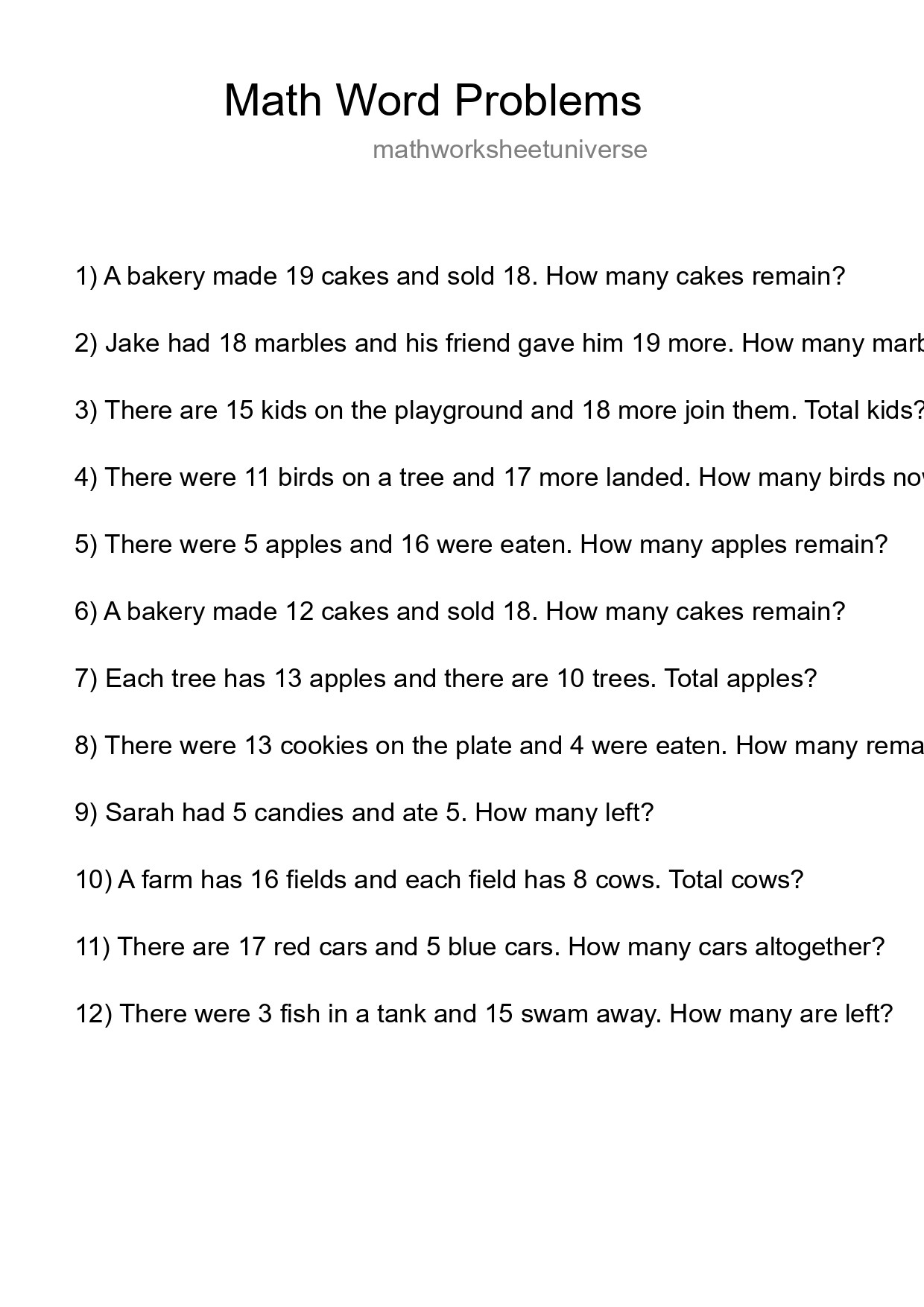 Math Word Problem Worksheet