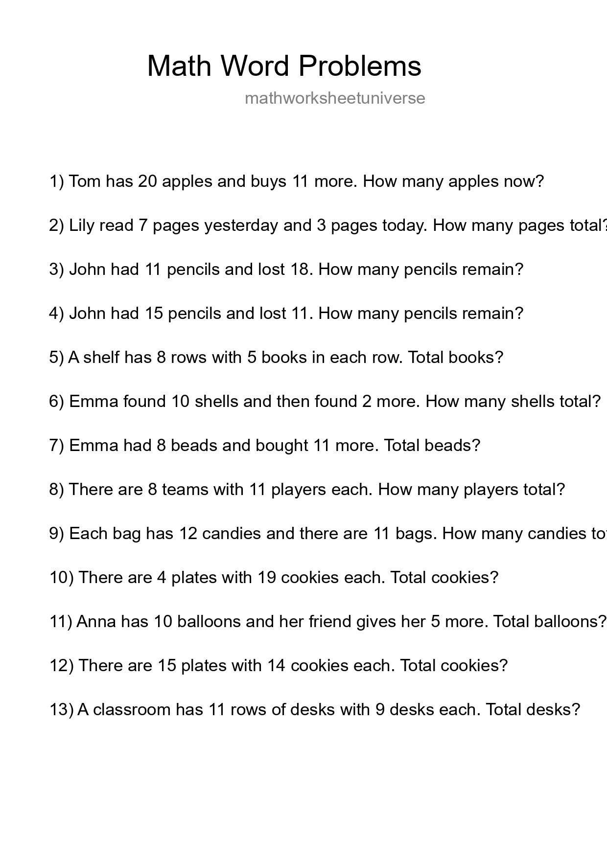 Math Word Problem Worksheet