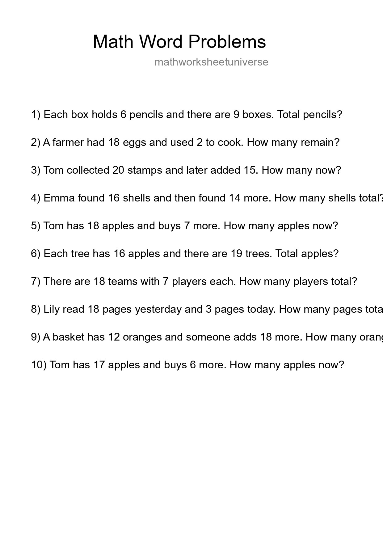 Math Word Problem Worksheet