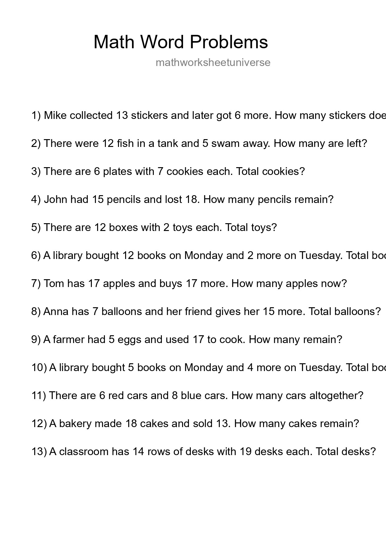 Math Word Problem Worksheet