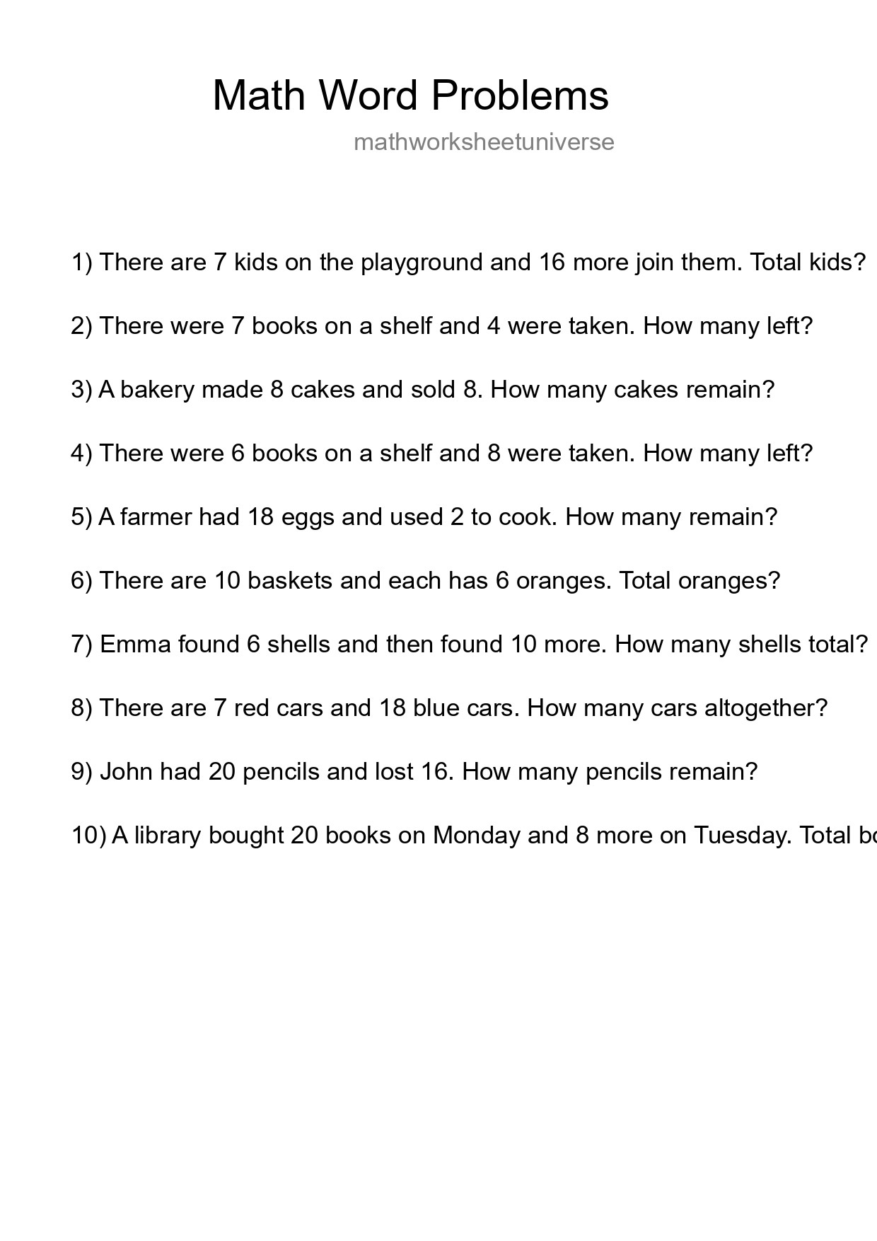 Math Word Problem Worksheet