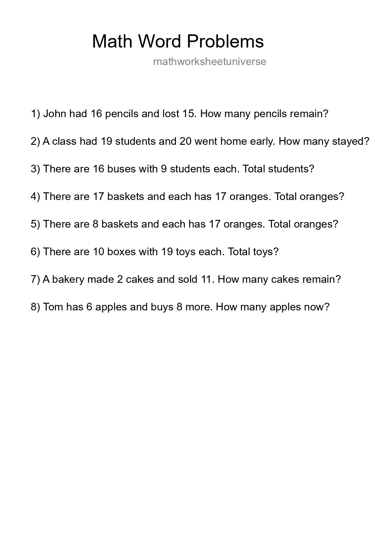 Math Word Problem Worksheet