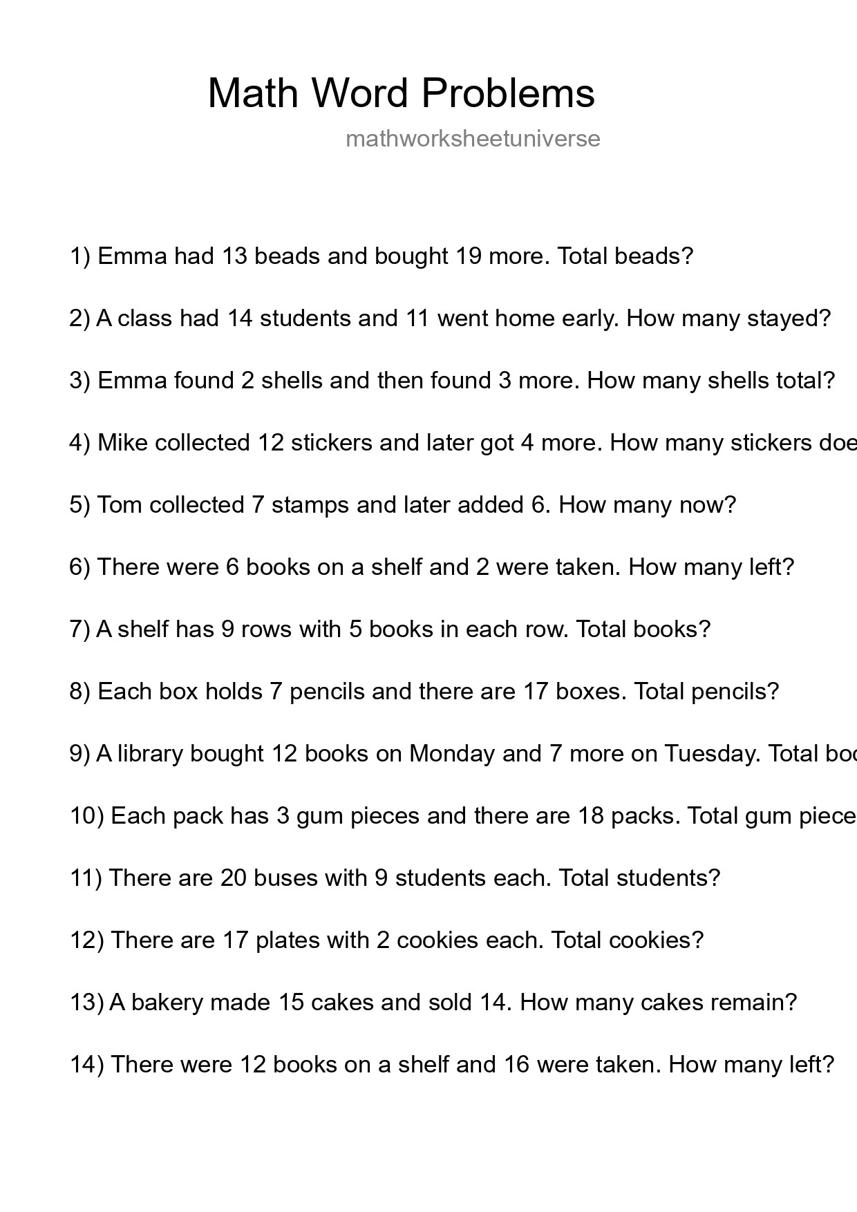 Math Word Problem Worksheet