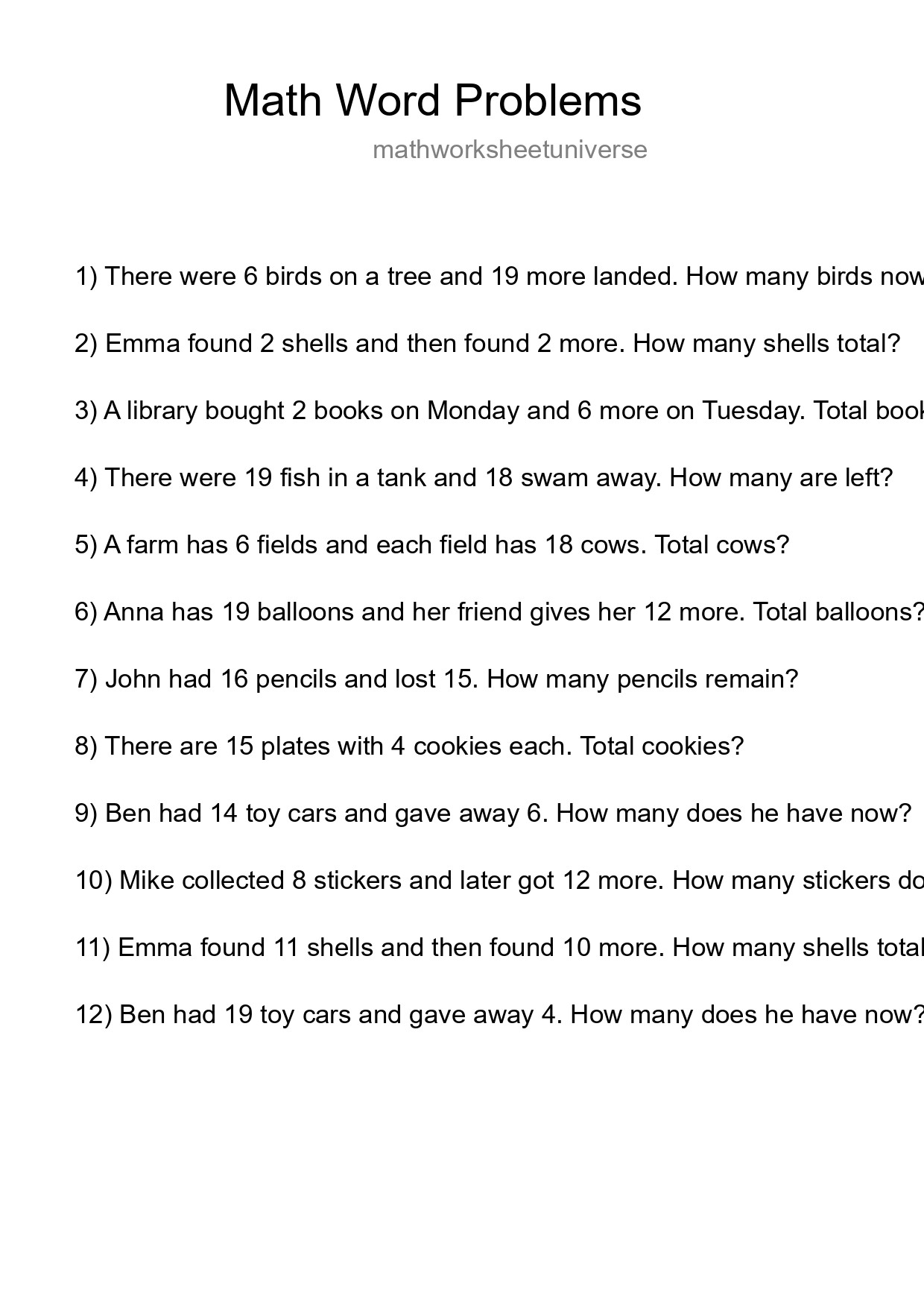 Math Word Problem Worksheet