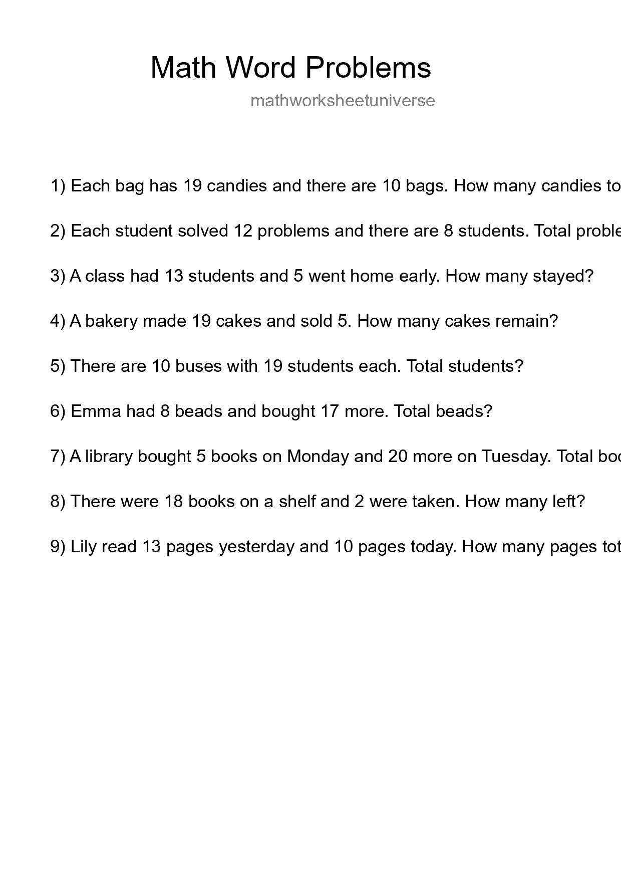 Math Word Problem Worksheet