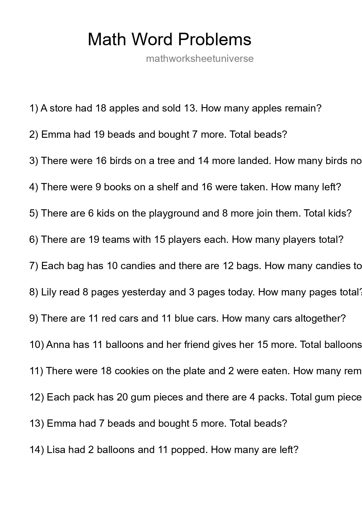 Math Word Problem Worksheet