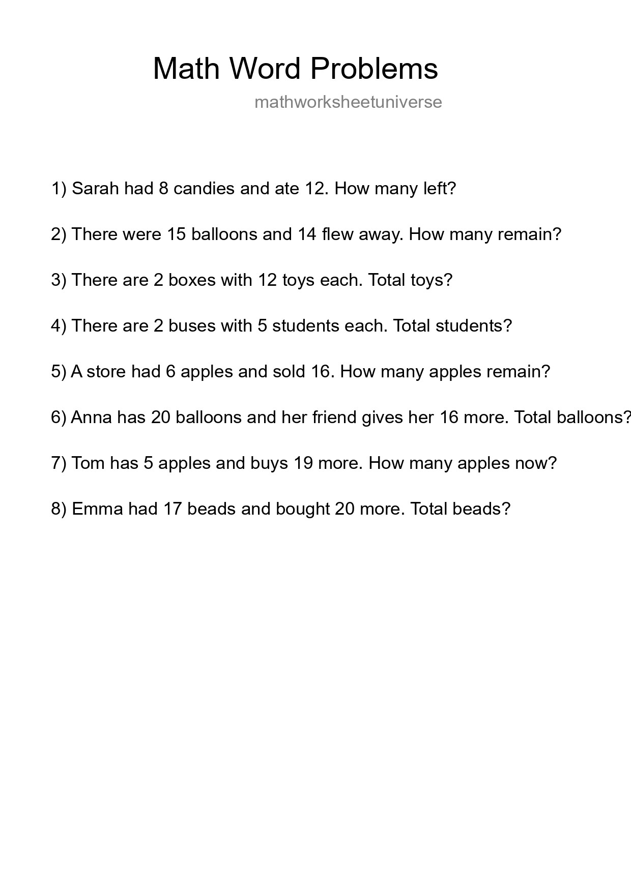 Math Word Problem Worksheet