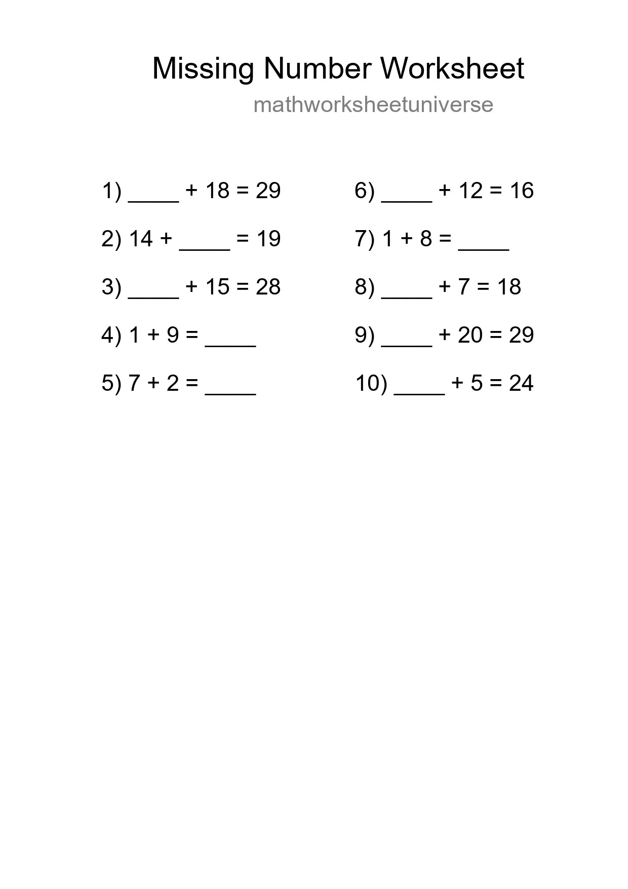 Missing Number Math Worksheet