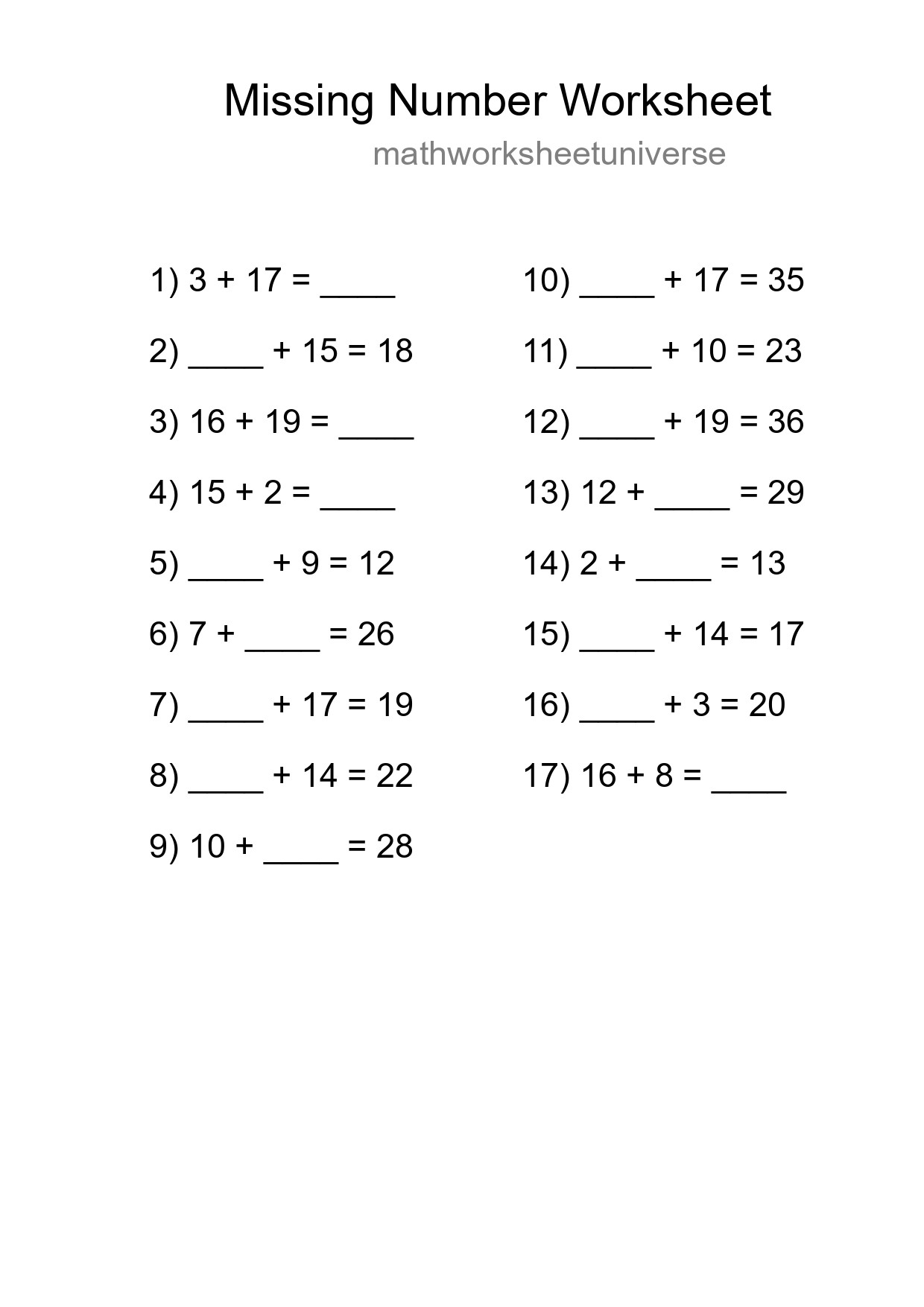 Missing Number Math Worksheet
