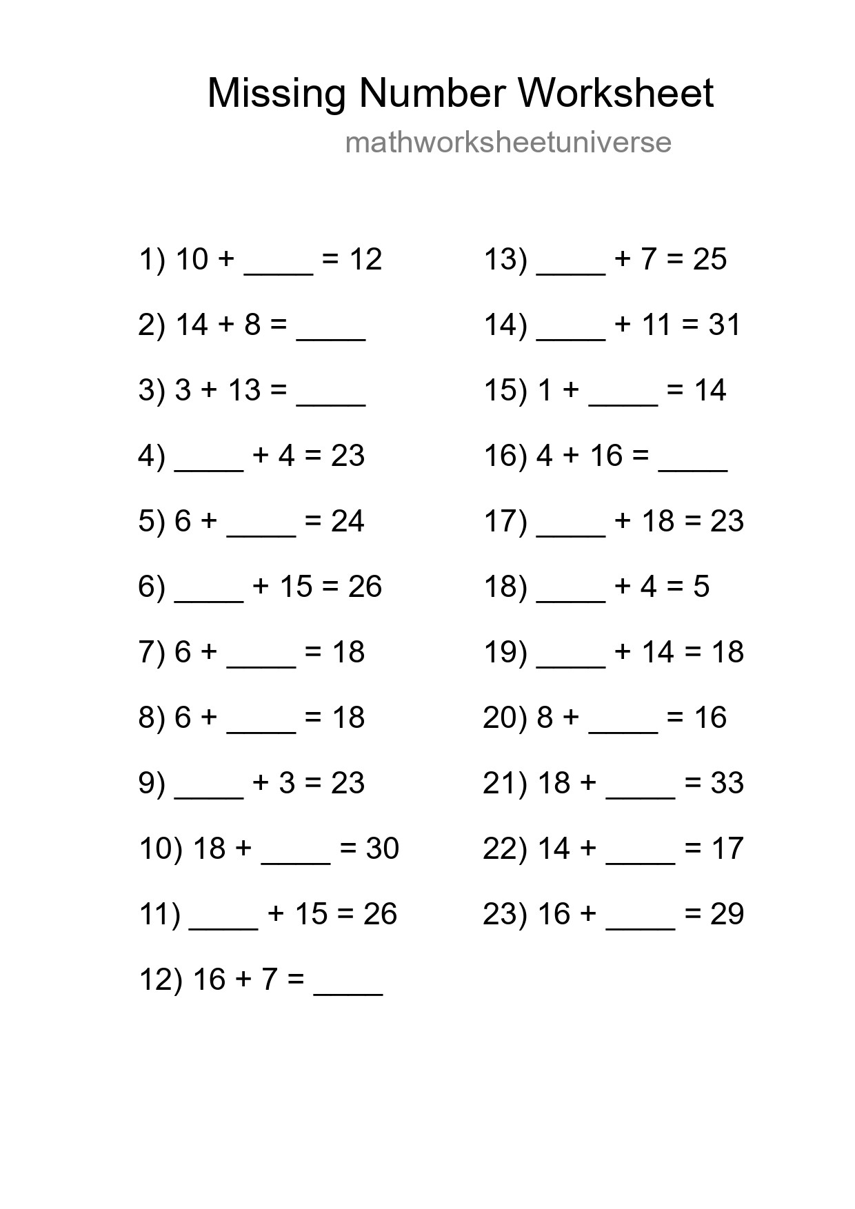Missing Number Math Worksheet