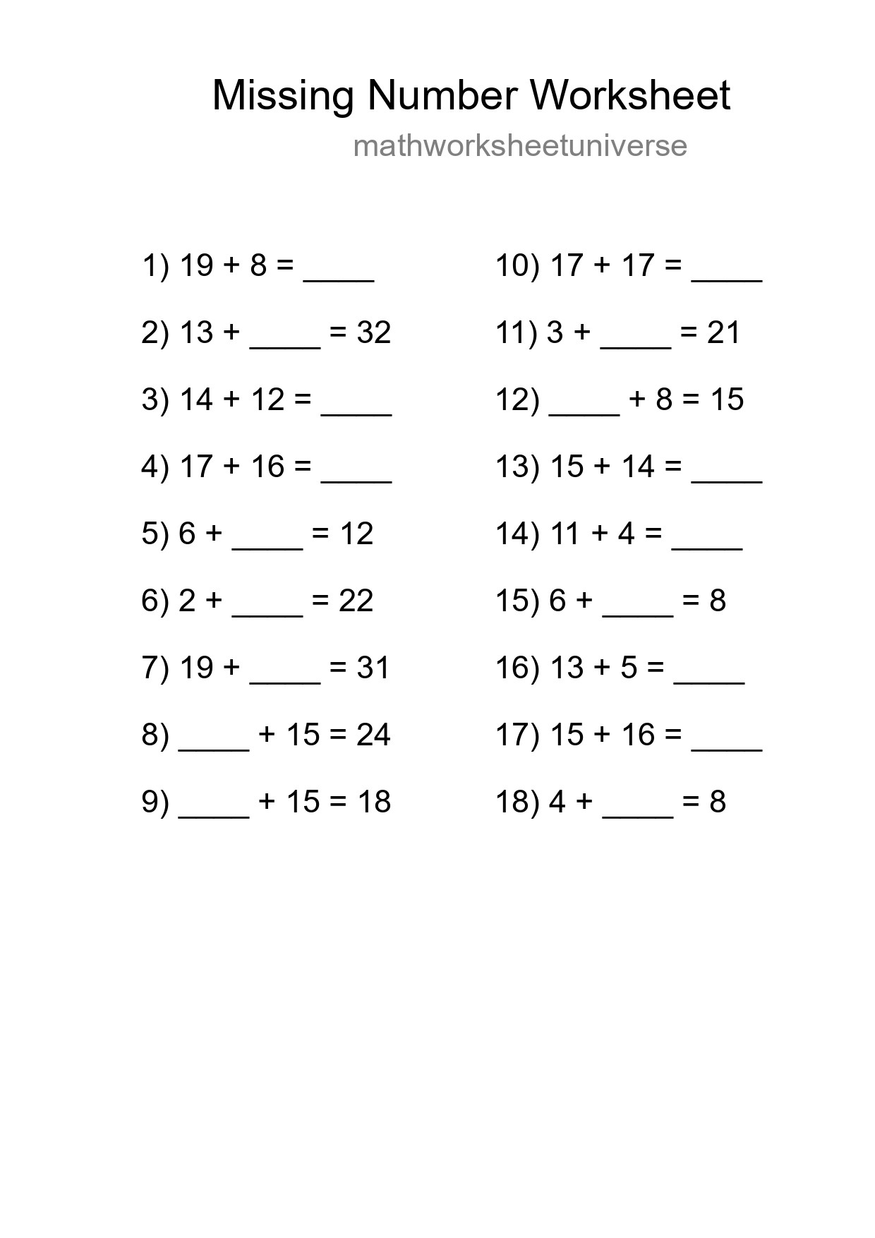 Missing Number Math Worksheet