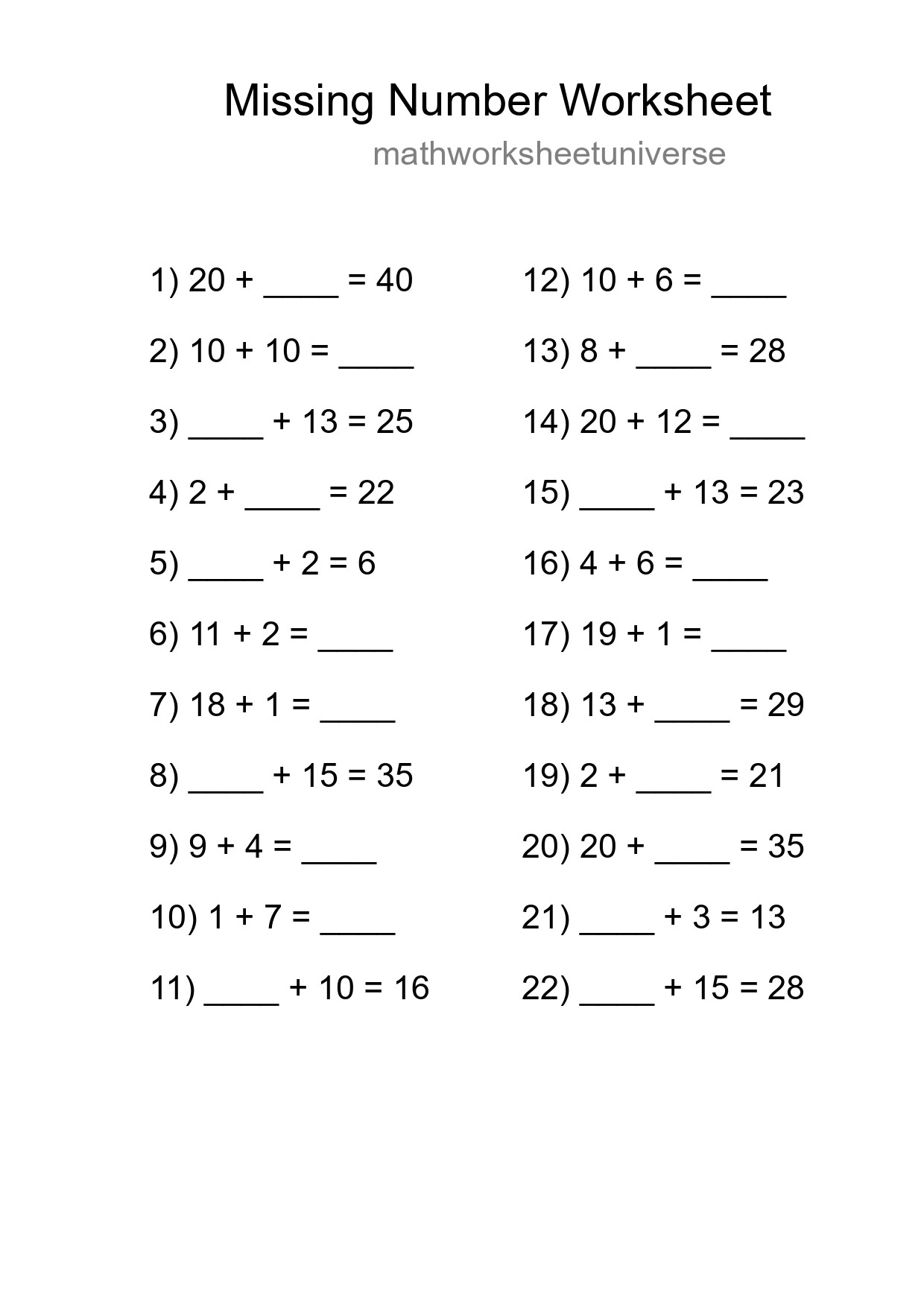 Missing Number Math Worksheet