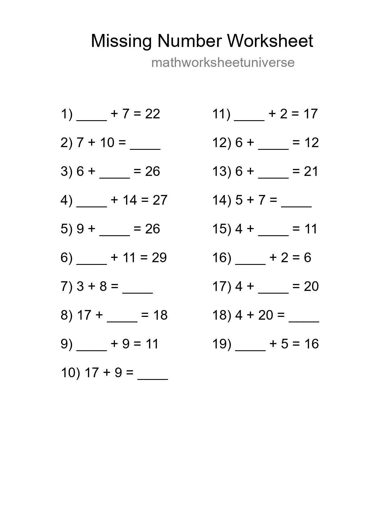 Missing Number Math Worksheet
