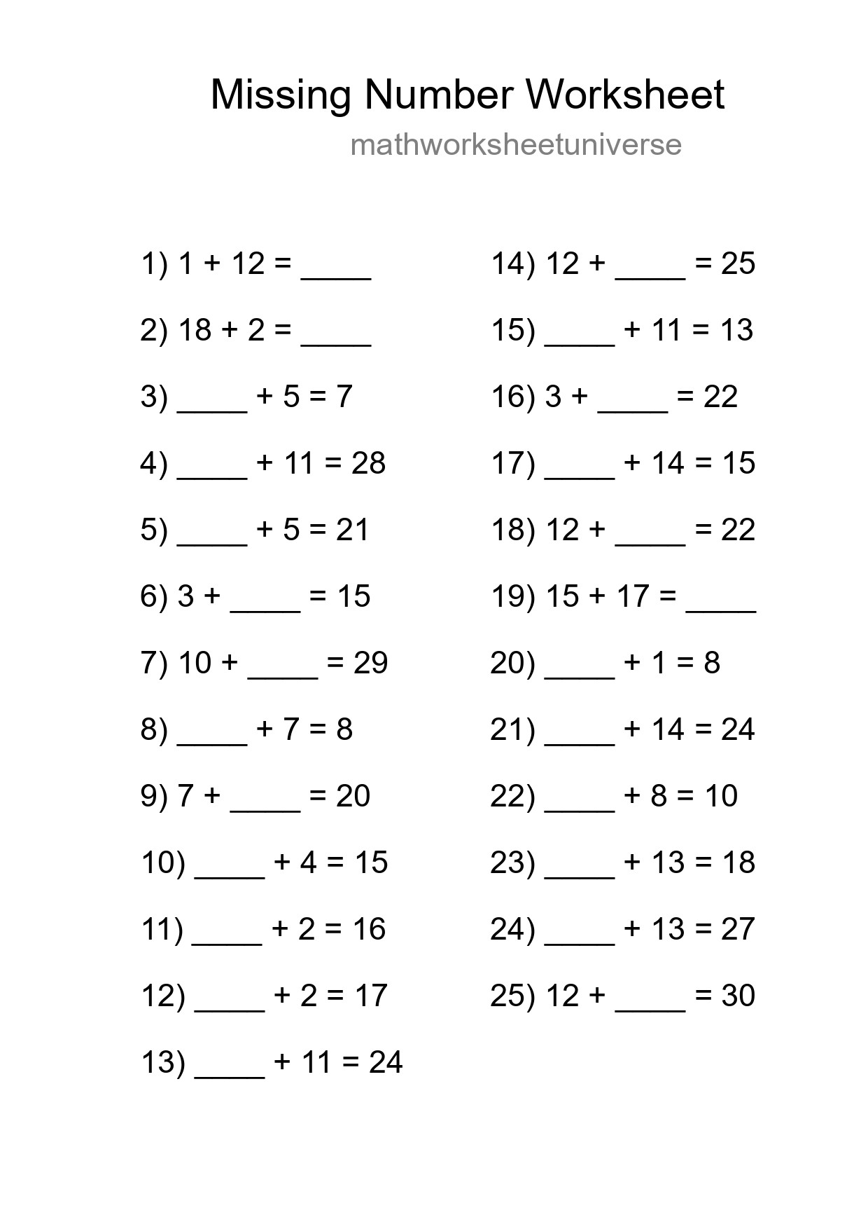 Missing Number Math Worksheet